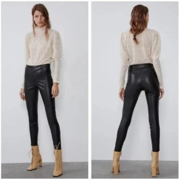 Zara Basic Black Mid Rise Vegan Leather Skinny Moto Leggings - Picture 1 of 8